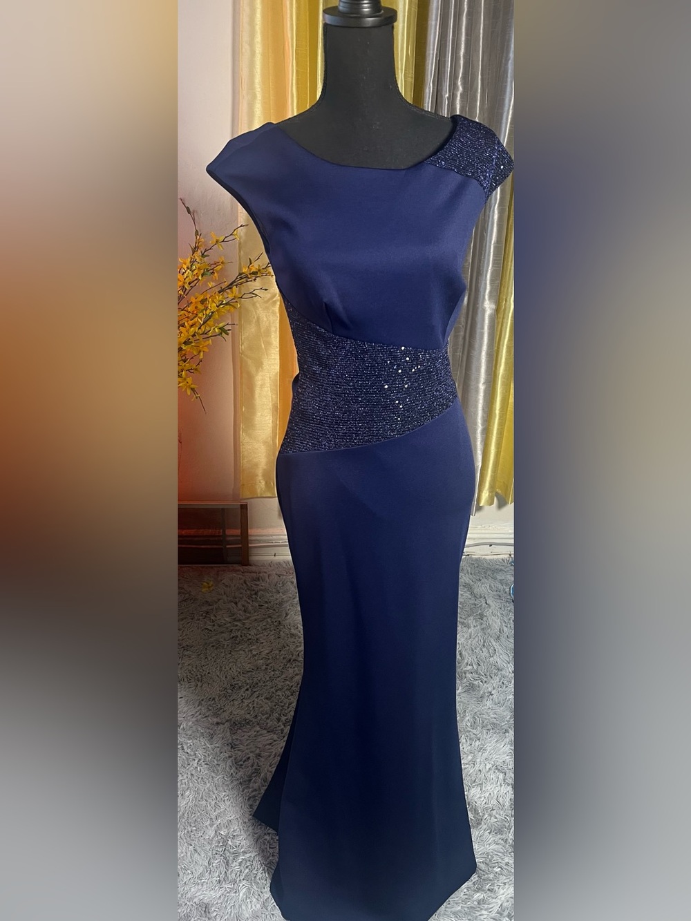Navy Beaded Waist Evening Gown for Women
